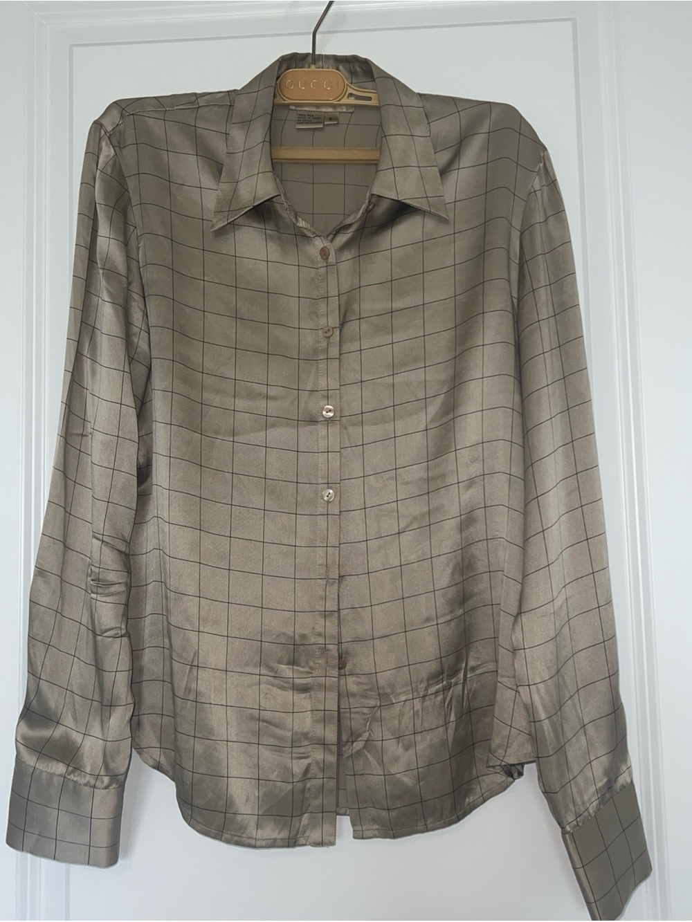 Patrick Christopher  so beautiful pure silk tan plaid button down shirt sz.6